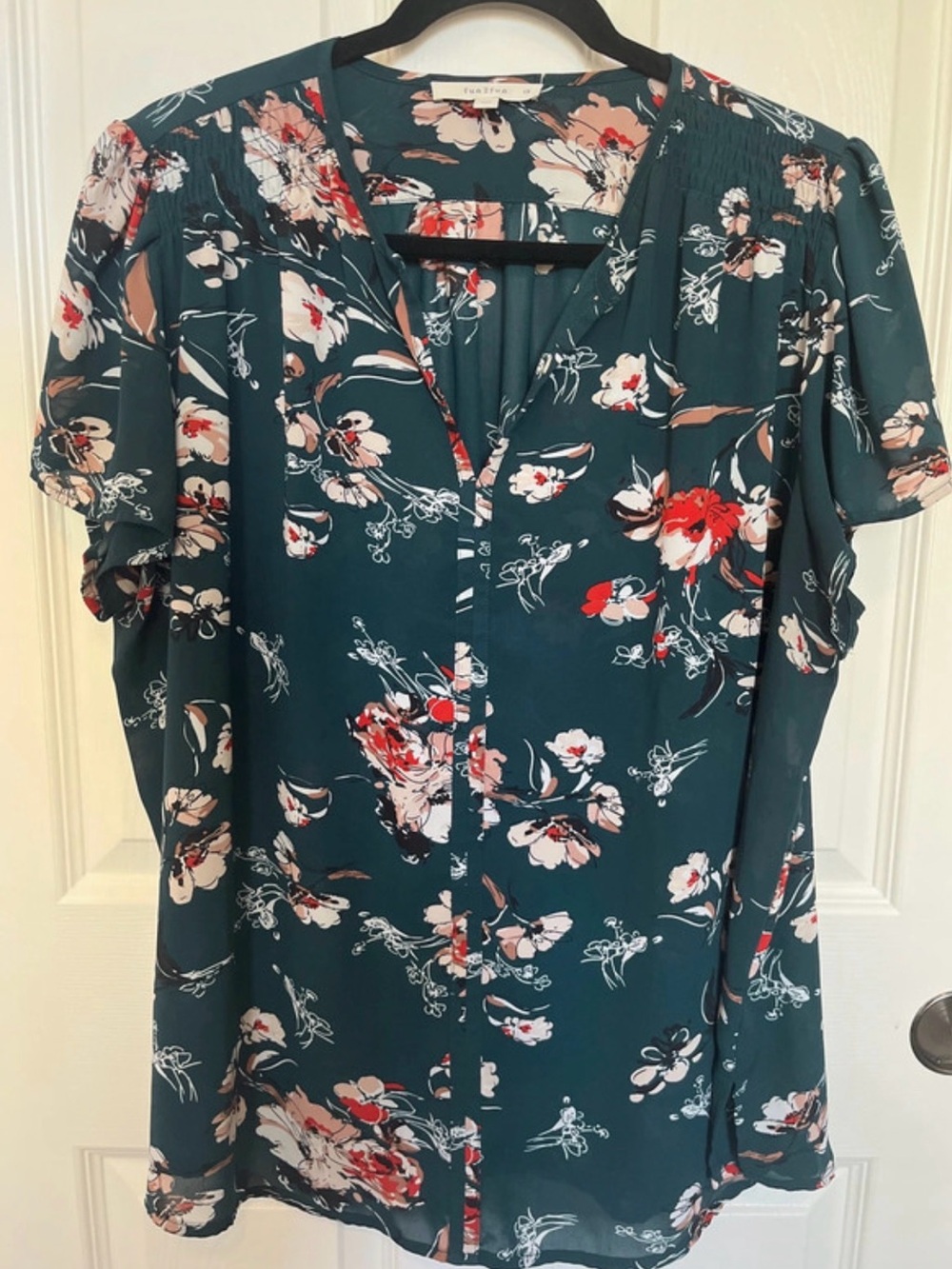 fun 2 fun Teal Floral Short Sleeve Blouse 1xl